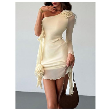 Sexy 3D Floral Mesh Dress Asymmetrical Mini Long Sleeve