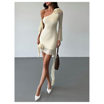 Sexy 3D Floral Mesh Dress Asymmetrical Mini Long Sleeve
