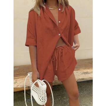 Fixmatti Women's Casual 2 Piece Outfit - Half Sleeve Blouse and Shorts Set for Summer Beachwear in R...
