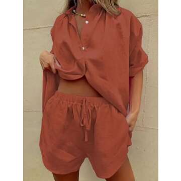 Fixmatti Women's Summer 2 Piece Blouse and Shorts Set