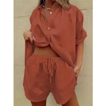 Fixmatti Women's Summer 2 Piece Blouse and Shorts Set