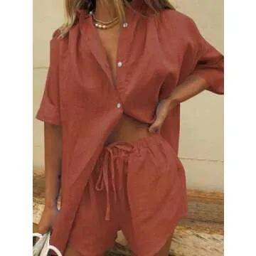 Fixmatti Women's Summer 2 Piece Blouse and Shorts Set