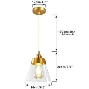 KCO Lighting Modern Glass Glass Pendant Light Fixture Gold Brass Pendant Lighting with Conical-Shape...