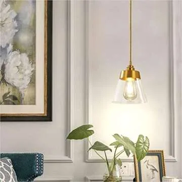 KCO Lighting Modern Glass Glass Pendant Light Fixture Gold Brass Pendant Lighting with Conical-Shaped and Adjustable Cord for Kitchen Island, Bathroom