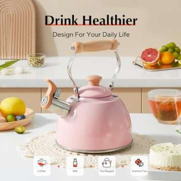 ROCKURWOK Tea Kettle, Tea Pot with Cool Touch Ergonomic Handle, Tea Kettle Food Grade Stainless Steel, Tea Kettle Stovetop, Kettle Teapot, Whistling Tea Kettle, Small Tea Kettle, 2.7 Quart (Pink)