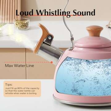 ROCKURWOK Tea Kettle, Tea Pot with Cool Touch Ergonomic Handle, Tea Kettle Food Grade Stainless Steel, Tea Kettle Stovetop, Kettle Teapot, Whistling Tea Kettle, Small Tea Kettle, 2.7 Quart (Pink)