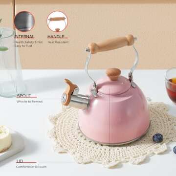 ROCKURWOK Tea Kettle, Tea Pot with Cool Touch Ergonomic Handle, Tea Kettle Food Grade Stainless Steel, Tea Kettle Stovetop, Kettle Teapot, Whistling Tea Kettle, Small Tea Kettle, 2.7 Quart (Pink)