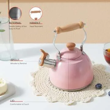 ROCKURWOK Tea Kettle, Tea Pot with Cool Touch Ergonomic Handle, Tea Kettle Food Grade Stainless Steel, Tea Kettle Stovetop, Kettle Teapot, Whistling Tea Kettle, Small Tea Kettle, 2.7 Quart (Pink)