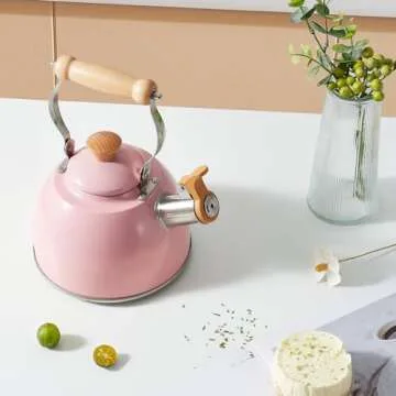 ROCKURWOK Tea Kettle, Tea Pot with Cool Touch Ergonomic Handle, Tea Kettle Food Grade Stainless Steel, Tea Kettle Stovetop, Kettle Teapot, Whistling Tea Kettle, Small Tea Kettle, 2.7 Quart (Pink)