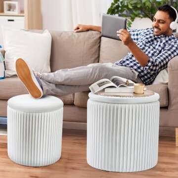 WENRENER Ottoman with Storage, Velvet Round Storage Ottoman Set of 2, Multifunctional Upholstered Vanity Stool, Modern Cute Ottoman Foot Rest for Living Room Bedroom, Coffee Table, Beige