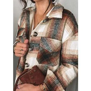 Trendy Women's Plaid Shacket Jacket in Wine Red
