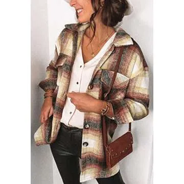 Trendy Women's Plaid Shacket Jacket in Wine Red