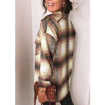 Trendy Women's Plaid Shacket Jacket in Wine Red