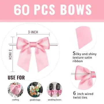 Rainbow Pana 60 Pack Pink Twist Tie Bows for Gifts