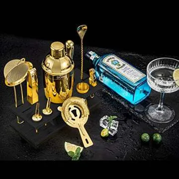 SOING 11-Piece Mixology Bartender Kit with Stand,Bar Kit Cocktail Shaker Set with All Essential Accessories:Martini Shaker,Spoon,Muddler,Strainer,Jigger,Tongs,Liquor Pourers