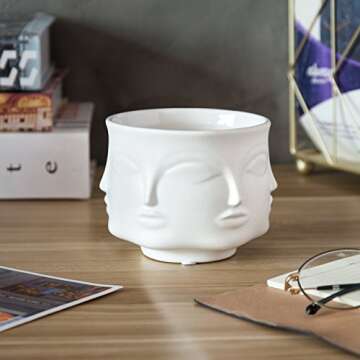 MyGift 4-Inch White Ceramic Multiple Face Shaped Vase Plant Pot, Guanyin Design Small Plants Cactus Succulent Planter