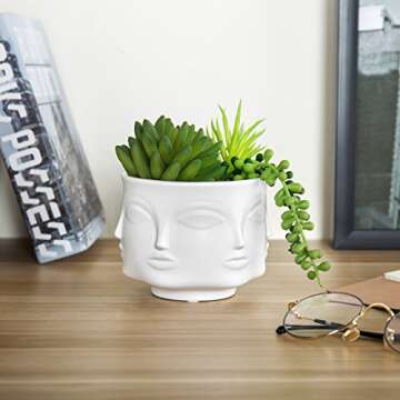 MyGift 4-Inch White Ceramic Multiple Face Shaped Vase Plant Pot, Guanyin Design Small Plants Cactus Succulent Planter