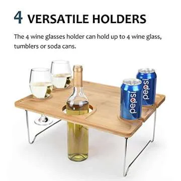 Tirrinia Portable Wine Picnic Table, Ideal Wine Gift for Women Men, Small Folding Outdoor Picnic & Cheese Tray with 4 Wine Glasses Holder for Camping, Park, Beach, Garden, Concerts,Steel Legs