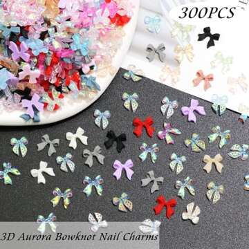 RODAKY 300PCS Aurora Bow Nail Charms 3D Resin Flatback Bowknot Charms for Acrylic Nails Design Cute ...