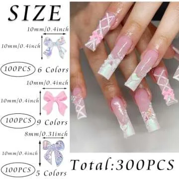 RODAKY 300PCS Aurora Bow Nail Charms 3D Resin Flatback Bowknot Charms for Acrylic Nails Design Cute Kawaii Ornament Nail Decoration Accessories for Women's Manicure DIY Nail Supplies