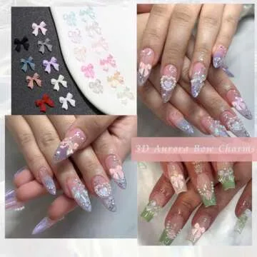 RODAKY 300PCS Aurora Bow Nail Charms 3D Resin Flatback Bowknot Charms for Acrylic Nails Design Cute Kawaii Ornament Nail Decoration Accessories for Women's Manicure DIY Nail Supplies