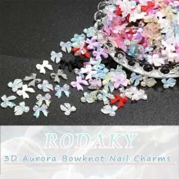 RODAKY 300PCS Aurora Bow Nail Charms 3D Resin Flatback Bowknot Charms for Acrylic Nails Design Cute Kawaii Ornament Nail Decoration Accessories for Women's Manicure DIY Nail Supplies