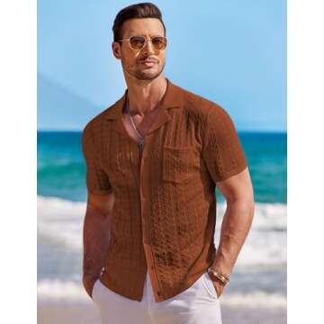 COOFANDY Mens Button Down Knit Shirt Short Sleeve Casual Polo Shirts Summer Vacation Shirts Tops Car...