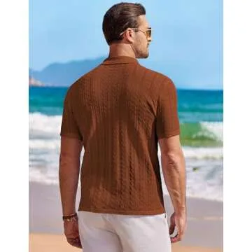 COOFANDY Mens Button Down Knit Shirt Short Sleeve Casual Polo Shirts Summer Vacation Shirts Tops Caramel