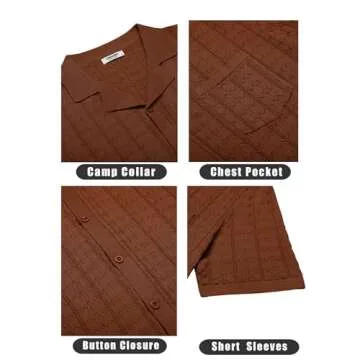 COOFANDY Mens Button Down Knit Shirt Short Sleeve Casual Polo Shirts Summer Vacation Shirts Tops Caramel