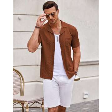 COOFANDY Mens Button Down Knit Shirt Short Sleeve Casual Polo Shirts Summer Vacation Shirts Tops Caramel