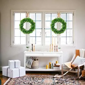 ElaDeco 15" Faux Boxwood Wreath Artificial Green Leaves Wreath for Front Door Wall Window Hanging Wedding Party Decoration