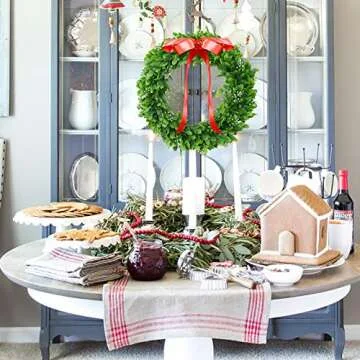 ElaDeco 15" Faux Boxwood Wreath Artificial Green Leaves Wreath for Front Door Wall Window Hanging Wedding Party Decoration