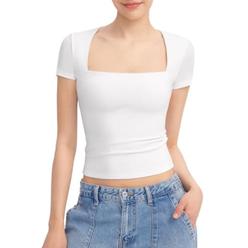 PUMIEY Women's Square Neck Short Sleeve T Shirts Sexy Slim Fit Tees Summer Going Out Tops, Splashed ...