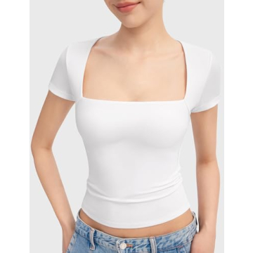 PUMIEY Women's Square Neck Short Sleeve T Shirts Sexy Slim Fit Tees Summer Going Out Tops, Splashed White Small