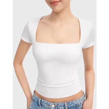 PUMIEY Women's Square Neck Short Sleeve T Shirts Sexy Slim Fit Tees Summer Going Out Tops, Splashed White Small