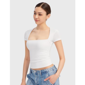 PUMIEY Women's Square Neck Short Sleeve T Shirts Sexy Slim Fit Tees Summer Going Out Tops, Splashed White Small
