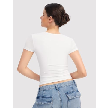 PUMIEY Women's Square Neck Short Sleeve T Shirts Sexy Slim Fit Tees Summer Going Out Tops, Splashed White Small