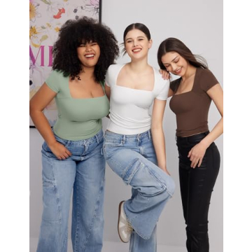 PUMIEY Women's Square Neck Short Sleeve T Shirts Sexy Slim Fit Tees Summer Going Out Tops, Splashed White Small
