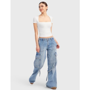 PUMIEY Women's Square Neck Short Sleeve T Shirts Sexy Slim Fit Tees Summer Going Out Tops, Splashed White Small