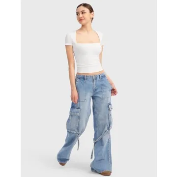 PUMIEY Women's Square Neck Short Sleeve T Shirts Sexy Slim Fit Tees Summer Going Out Tops, Splashed White Small