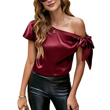 VIDUSSA Women's Off Shoulder Silk Tops Casual Short Sleeve Asymmetrical Neck Satin Blouse Shirts Win...