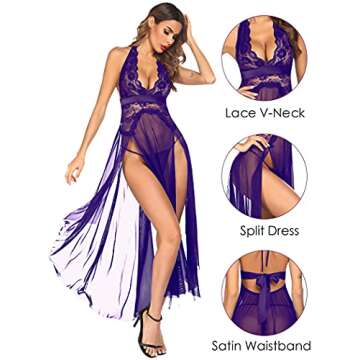 Avidlove Sexy Nightgowns for Women Women Lingerie Deep V Neck Nightwear One Piece Sexy Nightgowns Mosaic Lace Mesh Dress (M, Purple)