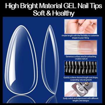 UNA GELLA Gel x Almond Fake Nail Tips - 216pcs Medium Pre-Shaped for Long-Lasting Acrylic Nails, Perfect for DIY at Home Nail Salon - 12 Sizes