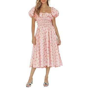 R.Vivimos Womens Summer Floral Print Puff Sleeves Vintage Ruffles Midi Dress (XL, Pink)