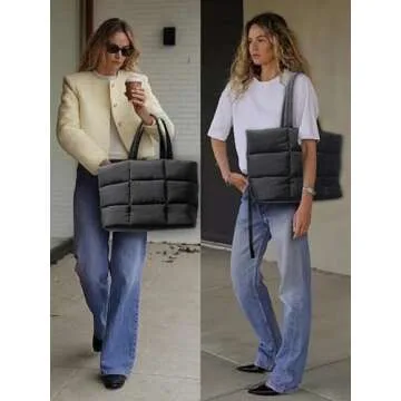 Puffer Tote Bag for Women, Large Quilted Puffy Handbag with Zipper and Side Pockets, Lightweight Sho...