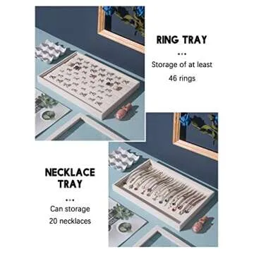Coward Set of 5 Stackable Jewelry Organizer Tray Necklace Earring Box Storage Ring Bracelet Display Holder (beige(ring+necklace+12girds+24girds+The glass lid))