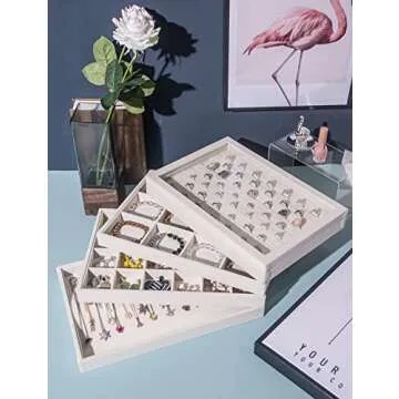 Coward Set of 5 Stackable Jewelry Organizer Tray Necklace Earring Box Storage Ring Bracelet Display Holder (beige(ring+necklace+12girds+24girds+The glass lid))