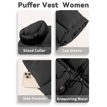 ELLEVEN Womens Puffer Vest Stand Collar Flysleeve Oversized Sleeveless Puffy Quilted Vest Woman Casual Warm Ladies Long Coats Padded Lightweight Winter Spring Fall Baggy Black Medium