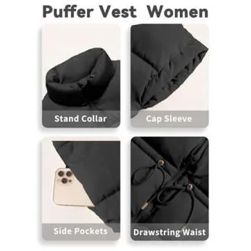 ELLEVEN Womens Puffer Vest Stand Collar Flysleeve Oversized Sleeveless Puffy Quilted Vest Woman Casual Warm Ladies Long Coats Padded Lightweight Winter Spring Fall Baggy Black Medium