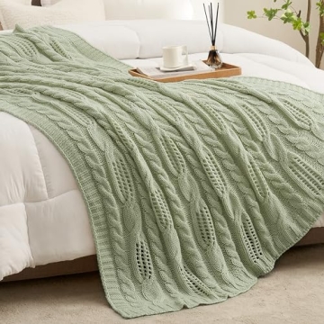 Amélie Home Sage Green Spring Throw Blanket Decorative Hollow Cable Knit Throw Blanket Soft Cozy Li...